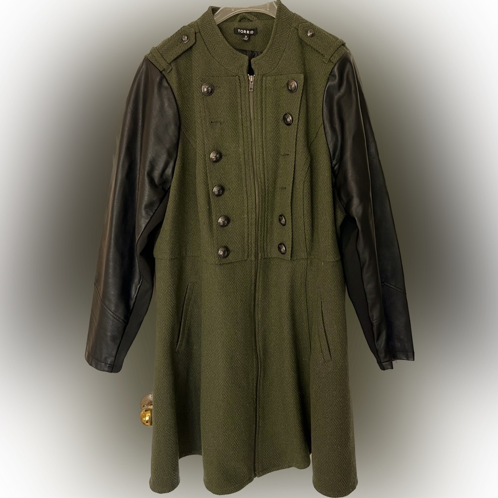 Mixed media green and black faux leather military style jacket with flare